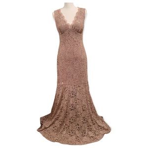 Taupe Nightway Illusion Lace Sequin Gown with Back Cut-Out
